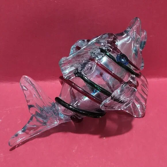 Decorative Fish Sculpture Blown Glass Colorless Red Green Colored Foil Fusions